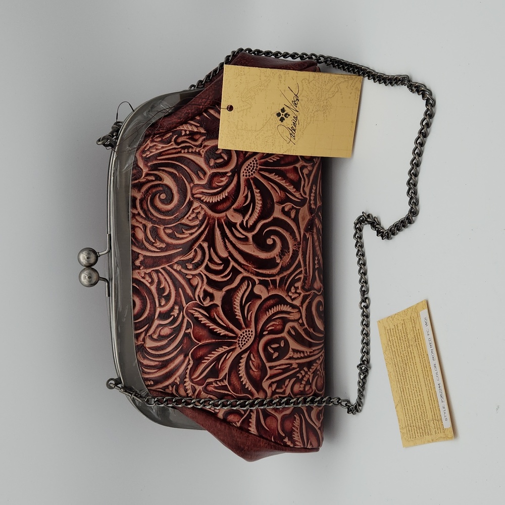 Patricia Nash Tooled Leather "Mia" Iron Red Kisslock Chain Shoulder Bag NWT